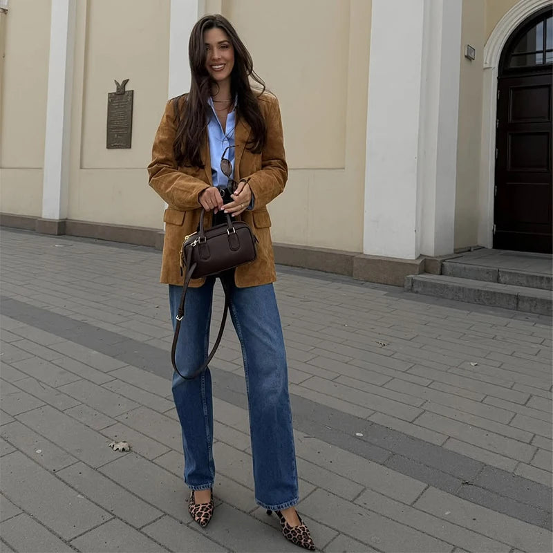 Vintage Suede Single Breasted Female Jackets Chic Long Sleeve Lapel Coats for Women 2025 Spring New Lady Outerwear High Street