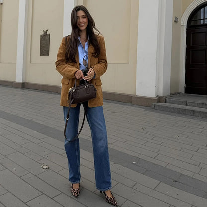 Vintage Suede Single Breasted Female Jackets Chic Long Sleeve Lapel Coats for Women 2025 Spring New Lady Outerwear High Street