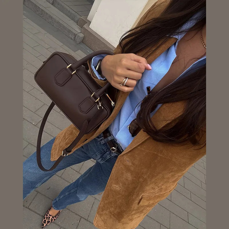Vintage Suede Single Breasted Female Jackets Chic Long Sleeve Lapel Coats for Women 2025 Spring New Lady Outerwear High Street