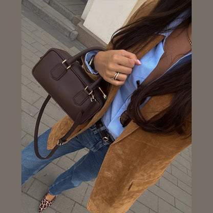 Vintage Suede Single Breasted Female Jackets Chic Long Sleeve Lapel Coats for Women 2025 Spring New Lady Outerwear High Street