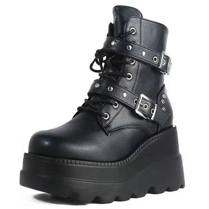New Women Pu Leather Ankle Booties Woman Autumn Winter Round Toe Lace Up Shoes Woman Motorcycle Platform Gothic Boots Cosplay