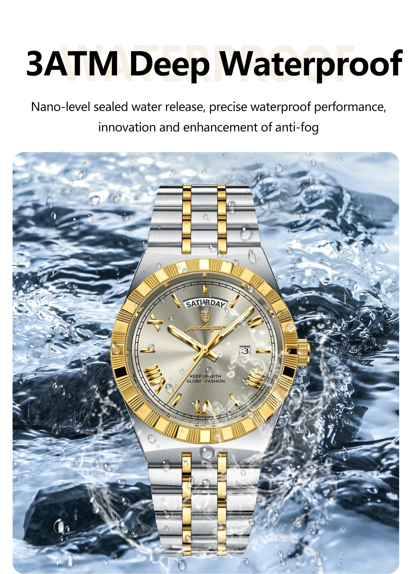 POEDAGAR Fashion Business Men's Watch Luminous Waterproof Week Date Luxury Man Wristwatch Stainless Steel Quartz Watches For Men
