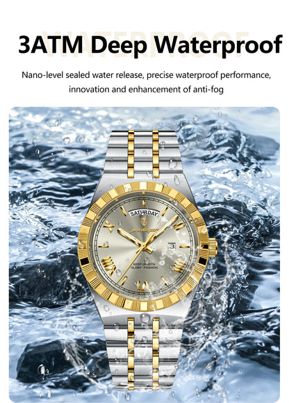 POEDAGAR Fashion Business Men's Watch Luminous Waterproof Week Date Luxury Man Wristwatch Stainless Steel Quartz Watches For Men