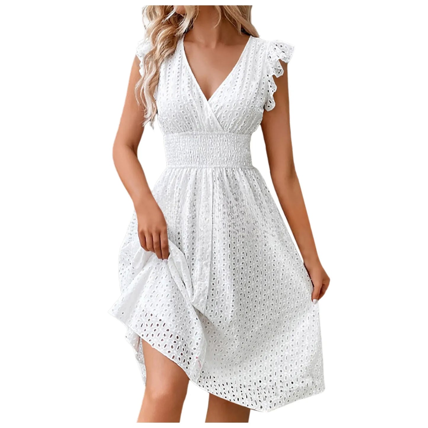 Summer Womens Vacation Short Dress Sexy V Neck Flare Sleeve Solid Color Hollow Lace Waist Dress Casual Beach Holiday Dresses