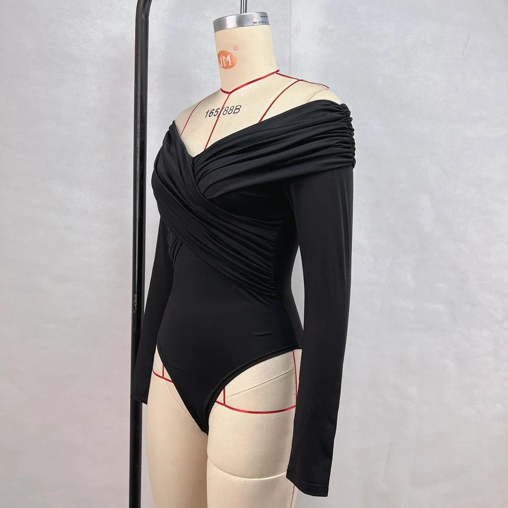 Autumn new 2024 sexy and fashionable V-neck off shoulder patchwork long sleeved slim fit versatile casual jumpsuit for woman
