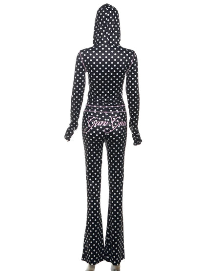 Weird Puss Polka Dot Letter Print 2 Piece Set Woman Tracksuit Trend Sexy Hooded Jacket+Pants Skinny Stretch Matching Streetwear