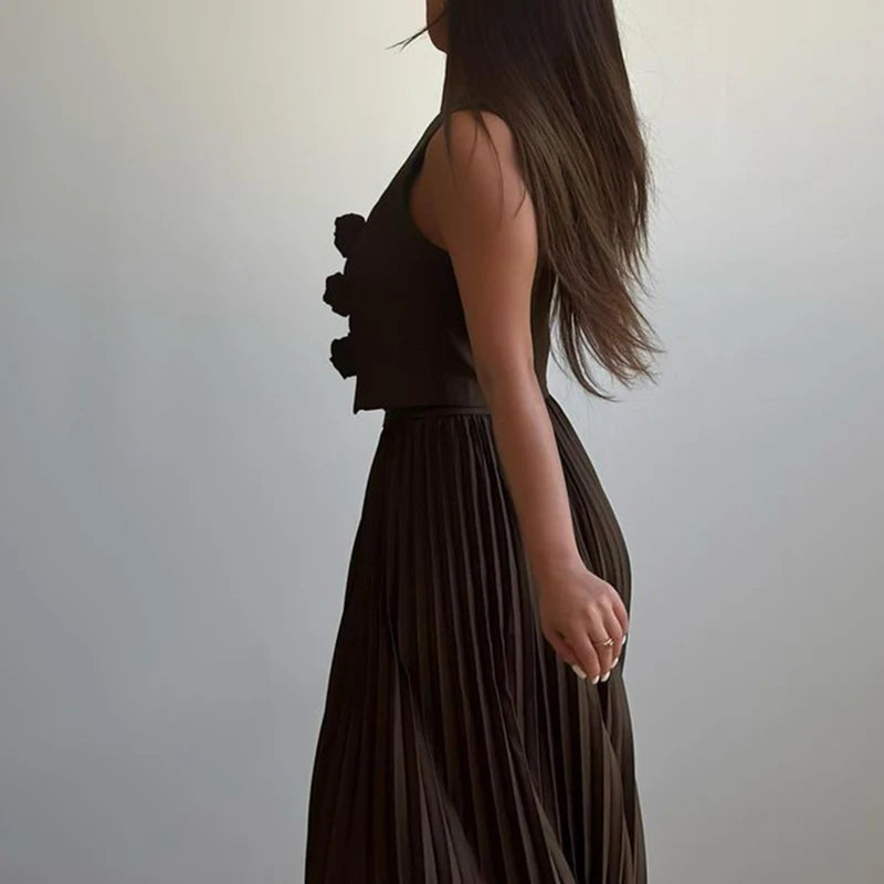 Elegant Temperament Slim Party Suit Office Simple Solid Color Pleated Outfits Ladies Sexy V Neck Rose Top and Long Skirt 2pc Set