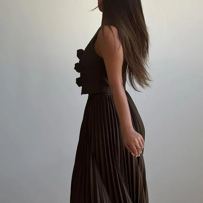 Elegant Temperament Slim Party Suit Office Simple Solid Color Pleated Outfits Ladies Sexy V Neck Rose Top and Long Skirt 2pc Set