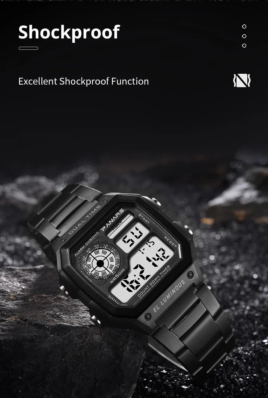 PANARS Top Luxury Stainless Steel Strap Sport Watches Mens Waterproof Back Light Digital Wristwatch Male Alarm