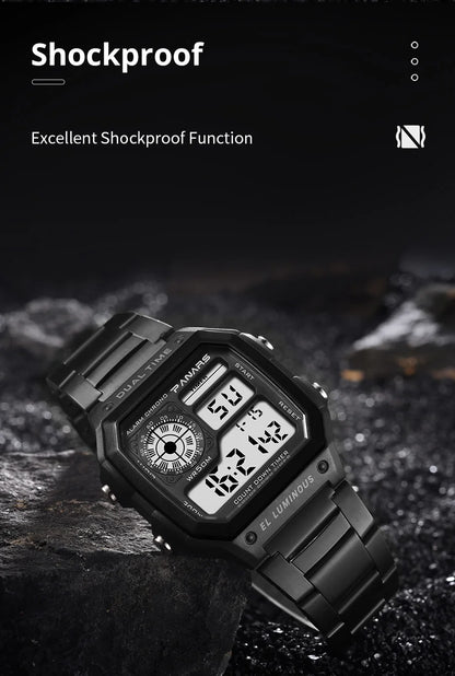 PANARS Top Luxury Stainless Steel Strap Sport Watches Mens Waterproof Back Light Digital Wristwatch Male Alarm