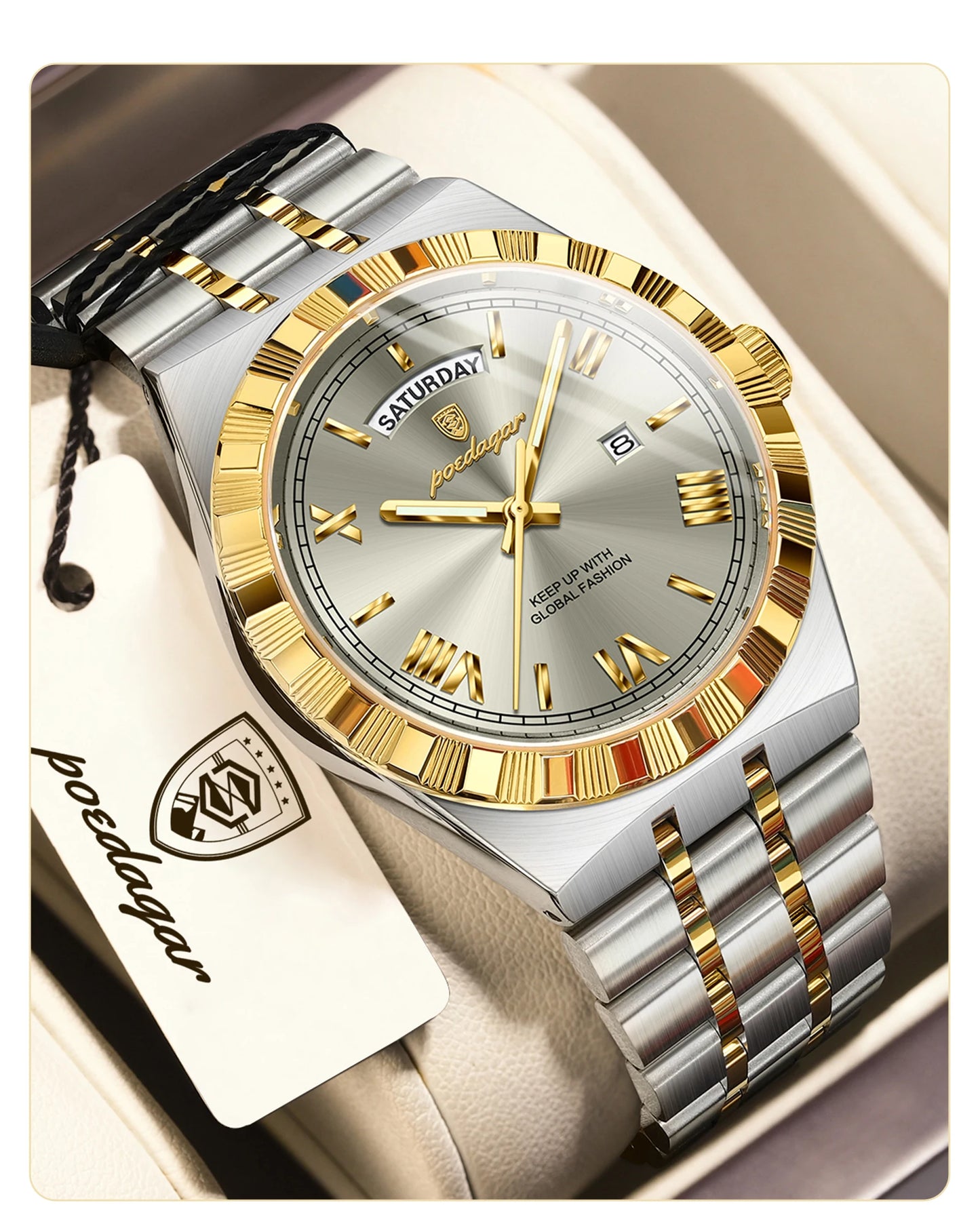 POEDAGAR Fashion Business Men's Watch Luminous Waterproof Week Date Luxury Man Wristwatch Stainless Steel Quartz Watches For Men