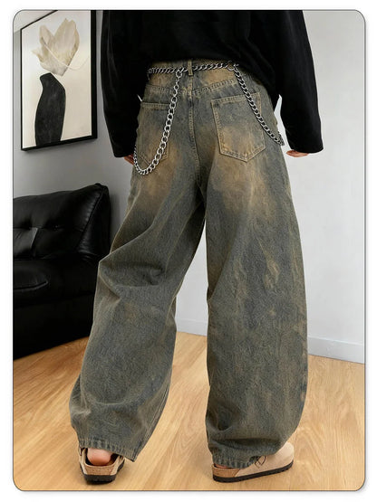 American Retro Baggy Wide Leg Jeans Men's Korea Streetwear Distressed y2k Clothing Casual Daily Four Seasons Denim Pants Unisex
