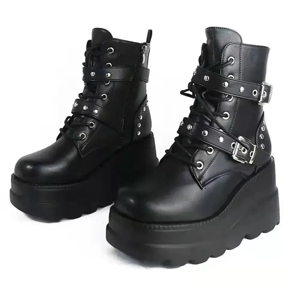 New Women Pu Leather Ankle Booties Woman Autumn Winter Round Toe Lace Up Shoes Woman Motorcycle Platform Gothic Boots Cosplay
