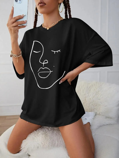 Simple Line Pattern Women's Face Printing Tees Cotton Women T-Shirts Casual Soft Short Sleeve Tops Loose Comfortable Clothes