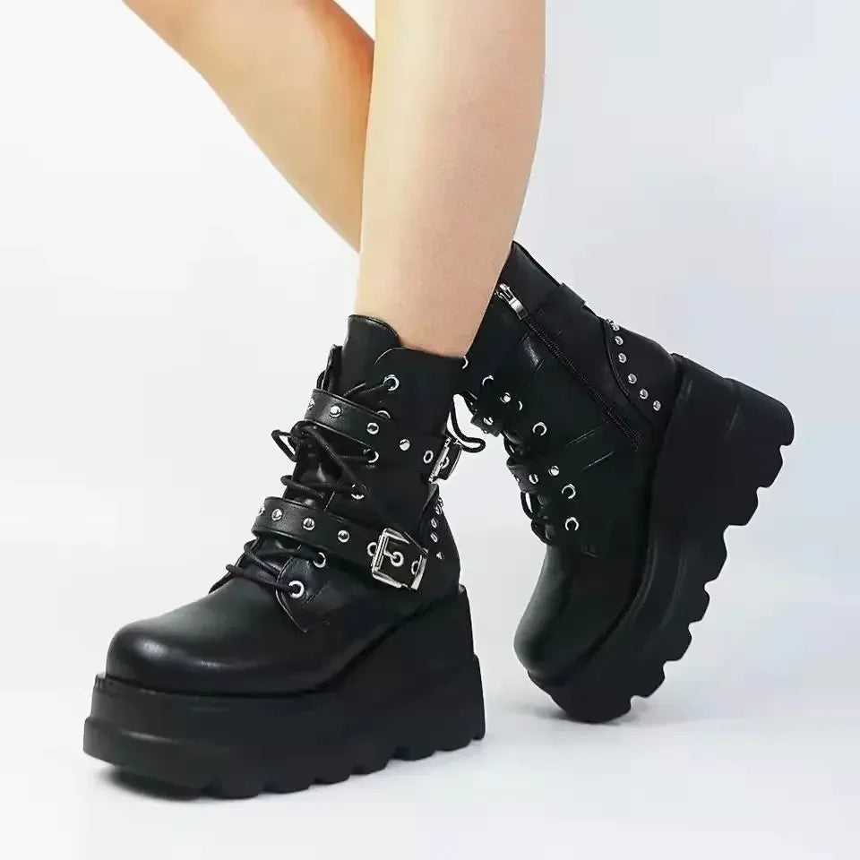 New Women Pu Leather Ankle Booties Woman Autumn Winter Round Toe Lace Up Shoes Woman Motorcycle Platform Gothic Boots Cosplay