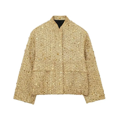 Suninheart Winter Women's Sequins Bomber Jacket Paillette Shiny Gold Jacket Coat Glitter Outerwear Lady New in Coats & Jackets