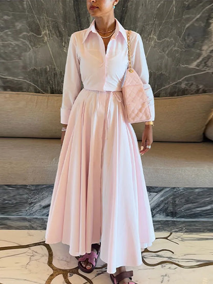 Women's Casual Pleated Skirts Set Two-piece Fashion Lapel Full Sleeve Button Top & Maxi Dress Lady 2025 Spring Street Outfits