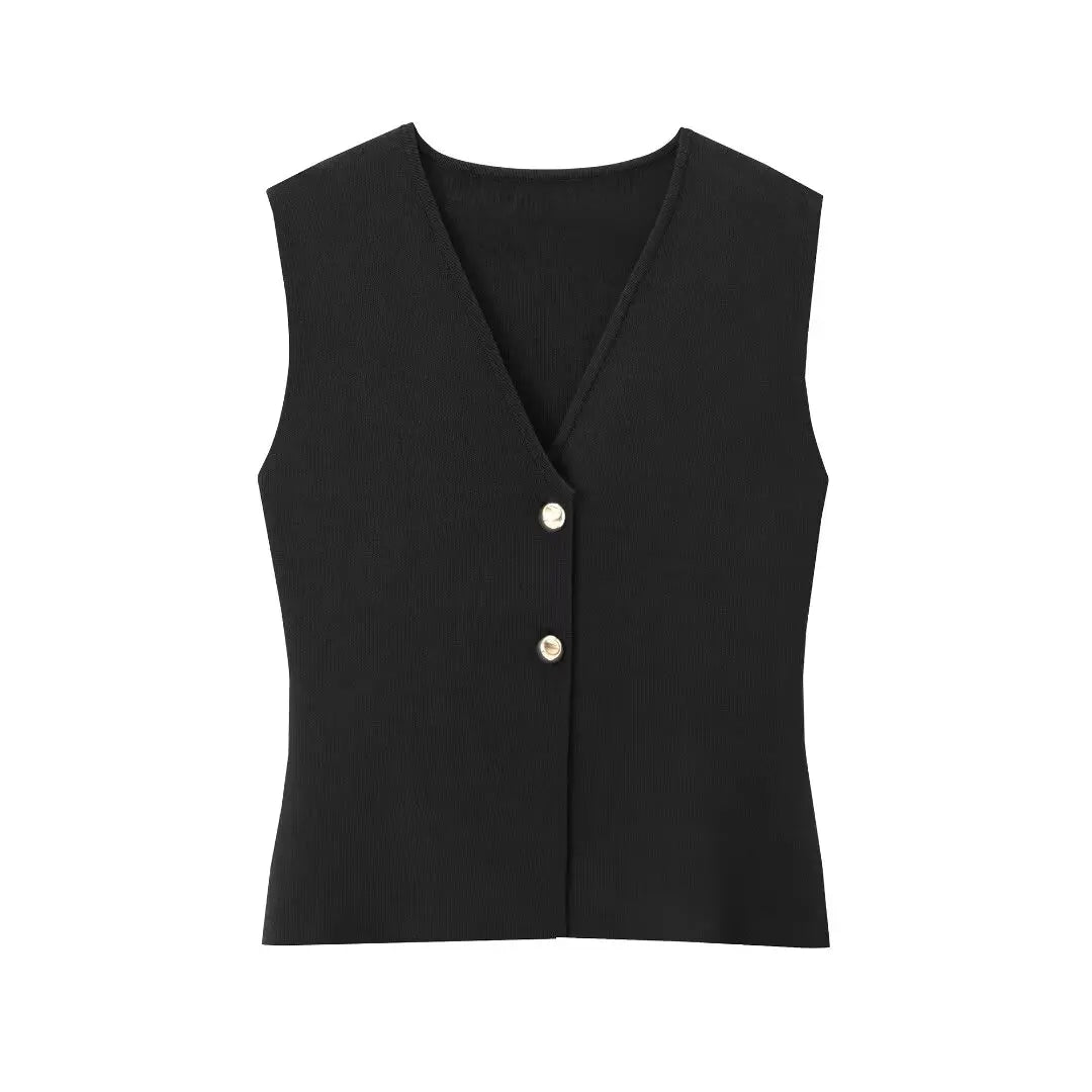 HH Women 2 Piece Skirt Set Elegant V-Neck Sleeveless Button Knitted Vest Top+Splicing High Waist Zipper Ankle-Length Skirts