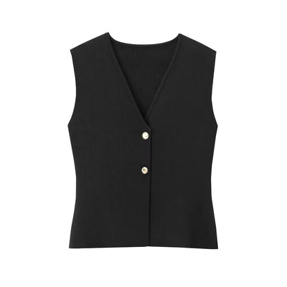 HH Women 2 Piece Skirt Set Elegant V-Neck Sleeveless Button Knitted Vest Top+Splicing High Waist Zipper Ankle-Length Skirts
