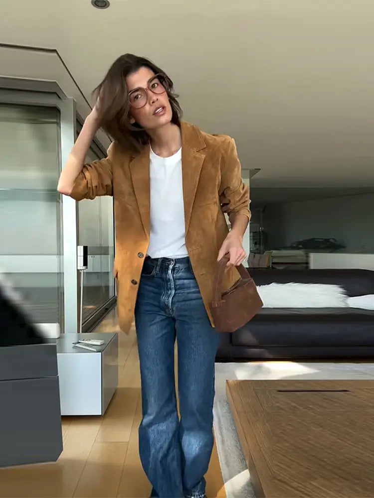 Vintage Suede Single Breasted Female Jackets Chic Long Sleeve Lapel Coats for Women 2025 Spring New Lady Outerwear High Street