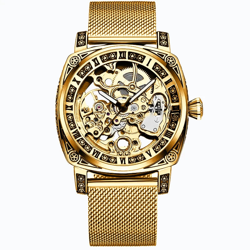 New men's watch with hollowed out carving design, high-end fashion disc gold mesh belt, men's fully automatic mechanical watch