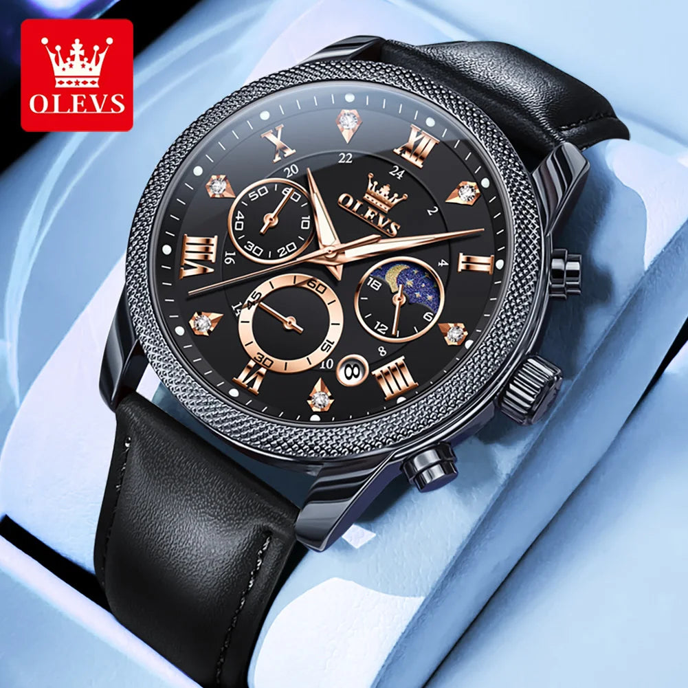 OLEVS 3660 Moon Phase Chronograph Luminous Men's Watches Leather Strap Waterproof Original Quartz Watch for Man Brand Wristwatch