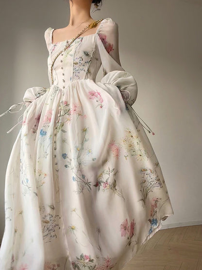 Vintage Floral Midi Dress Women Elegant Party Square Collar Dresses Summer Beach Fairy Korean Long Sleeve Bodycon Vestidos New