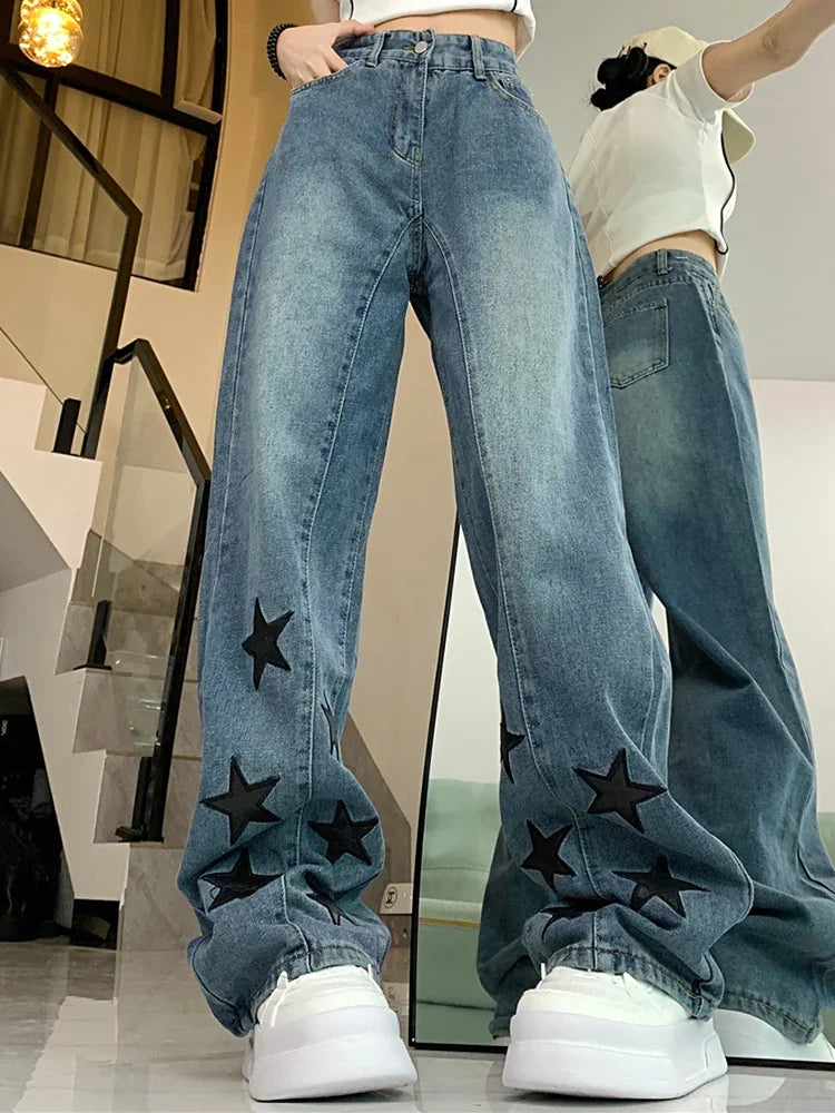 Woman Men American Retro Jeans High Waist Straight Wide Leg Denim Pants High Street Unisex Punk Washed Oversized Loose Trousers