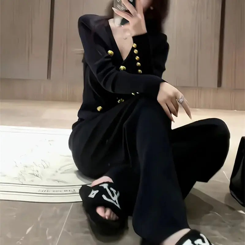 Autumn Winter Luxury Women Suits Fashion V Neck Golden Buttons Elegant Cardigan Coats + Knitted Wide Leg Pants 2-piece Set Q891