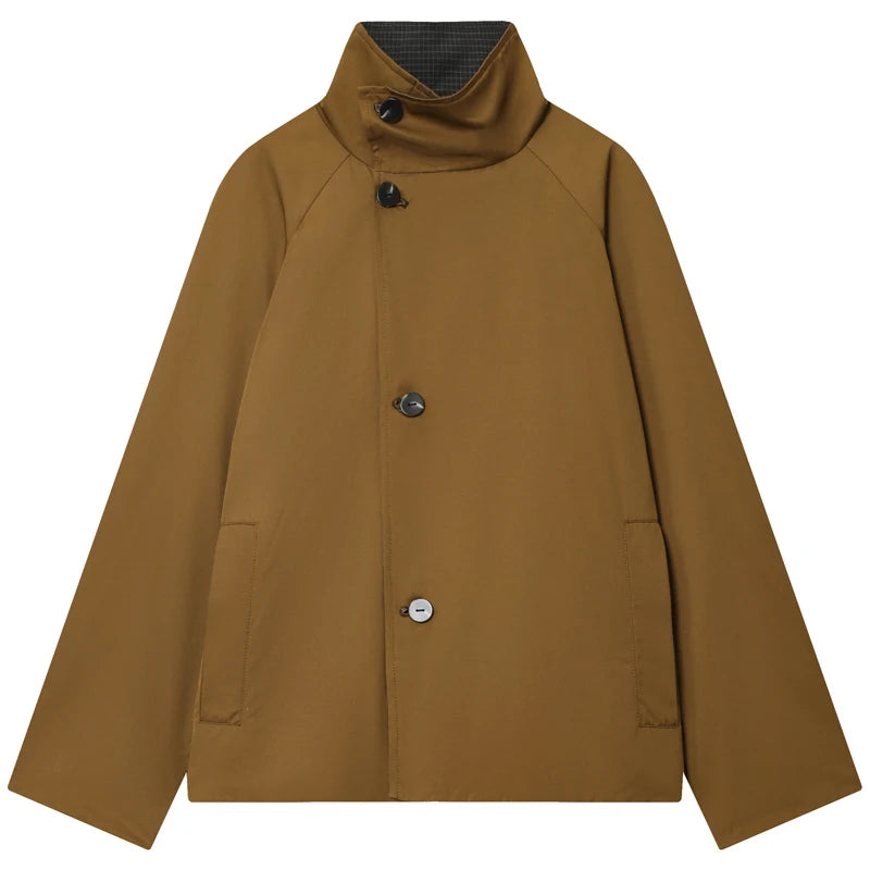 HXAO Women's Jacket Autumn Crop Reversible Trench Coat New In Coat & Jacket Asymmetric Button High Neck Long Sleeve Windbreaker