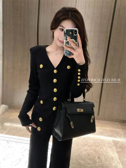 Autumn Winter Luxury Women Suits Fashion V Neck Golden Buttons Elegant Cardigan Coats + Knitted Wide Leg Pants 2-piece Set Q891