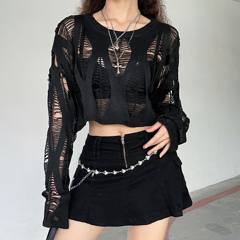 ITOOLIN Women Hole Hollow Out Y2K T-shirts Batwing Sleeve Knitted Shirt For Women Loose Streetwear Tops Spring Autumn 2024