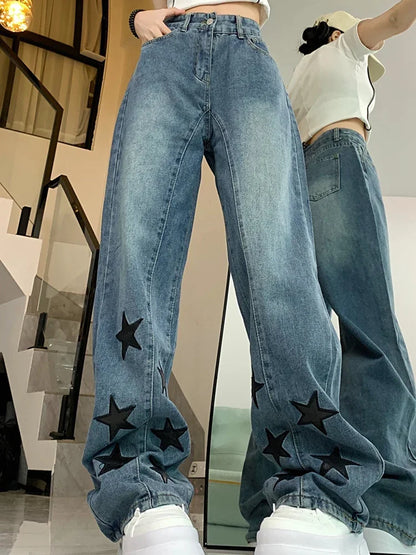 Woman Men American Retro Jeans High Waist Straight Wide Leg Denim Pants High Street Unisex Punk Washed Oversized Loose Trousers