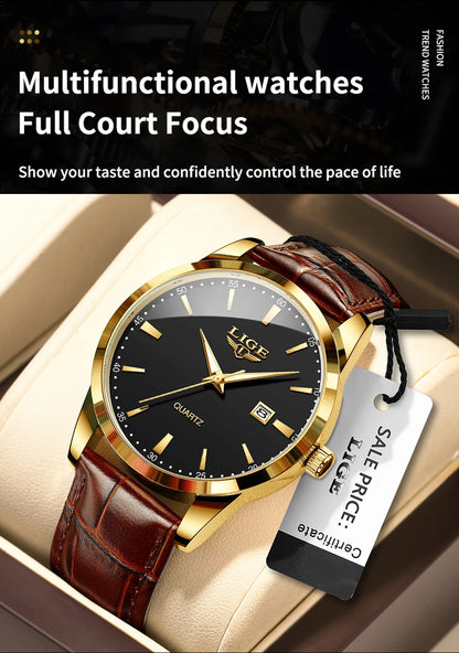 LIGE Mens Watches Top Brand Luxury Military Quartz Watch for Men Fashion Leather Waterproof Sports Chronograph Montre Homme+BOX