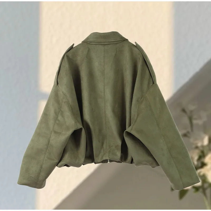 Autumn Women's Green Suede Short Jacket Loose Lapel Zipper Long Sleeve Bomber Coat Female 2025 New Lady High Street Outwears