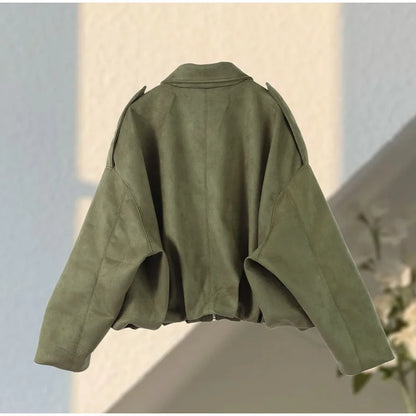 Autumn Women's Green Suede Short Jacket Loose Lapel Zipper Long Sleeve Bomber Coat Female 2025 New Lady High Street Outwears