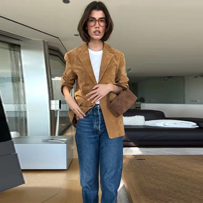 Vintage Suede Single Breasted Female Jackets Chic Long Sleeve Lapel Coats for Women 2025 Spring New Lady Outerwear High Street