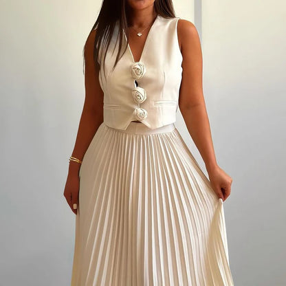 Elegant Temperament Slim Party Suit Office Simple Solid Color Pleated Outfits Ladies Sexy V Neck Rose Top and Long Skirt 2pc Set
