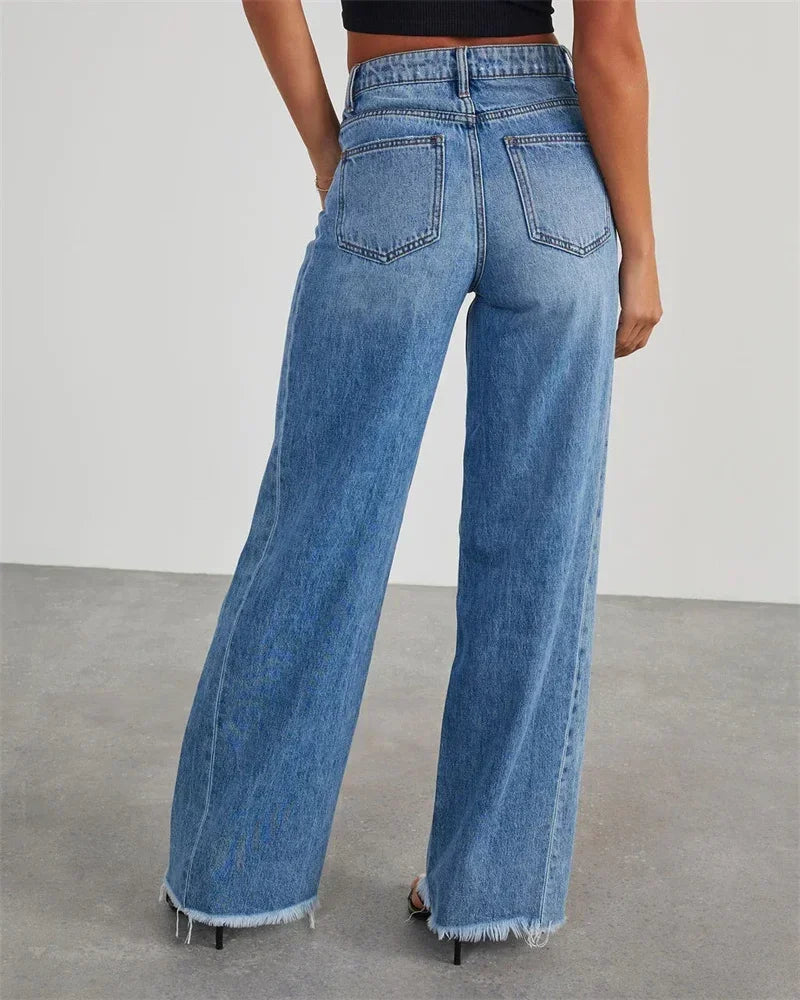 Fashion Straight Tassel Jeans Women Mid Waist Button Pocket Denim Pants Female Commuter Casual Loose Wide Leg Trousers 2023 New