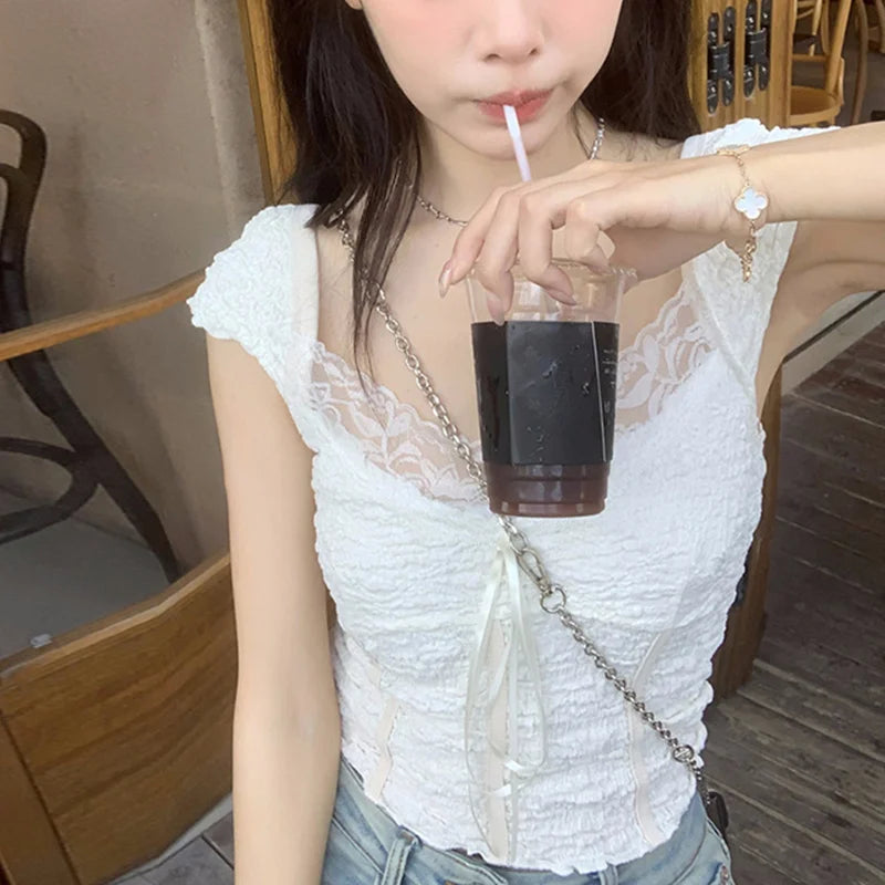 Lamuusaa Coquette Crop Top y2k Clothes Women Solid Color Lace Trim V Neck Cap Sleeve Backless T Shirt with Bow Decor Streetwear