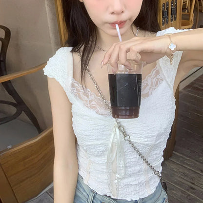 Lamuusaa Coquette Crop Top y2k Clothes Women Solid Color Lace Trim V Neck Cap Sleeve Backless T Shirt with Bow Decor Streetwear