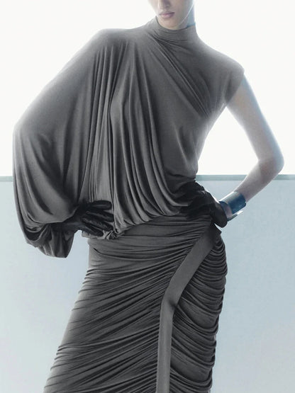 SIsterlinda Unique Irregular Women 2 Piece Set Solid Swinging Pleated Single Full Sleeve Turtleneck Tops+Matching Split Skirts