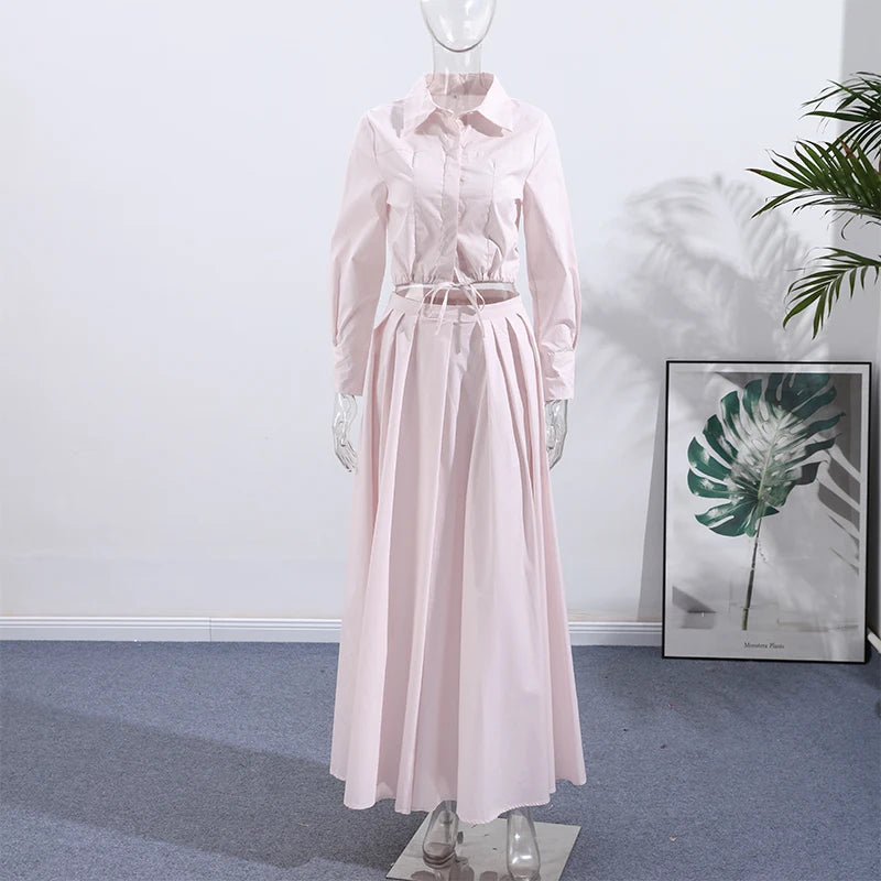Women's Casual Pleated Skirts Set Two-piece Fashion Lapel Full Sleeve Button Top & Maxi Dress Lady 2025 Spring Street Outfits
