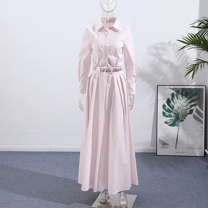 Women's Casual Pleated Skirts Set Two-piece Fashion Lapel Full Sleeve Button Top & Maxi Dress Lady 2025 Spring Street Outfits