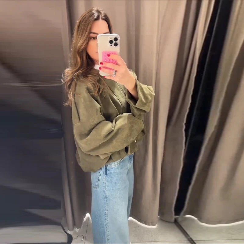 Autumn Women's Green Suede Short Jacket Loose Lapel Zipper Long Sleeve Bomber Coat Female 2025 New Lady High Street Outwears