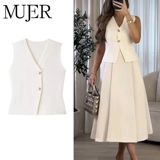 MUJER Knit Sleeveless Vests for Women White Black Cropped Vest Top Women Vintage Button Female Vest Knitted Short Vest Women