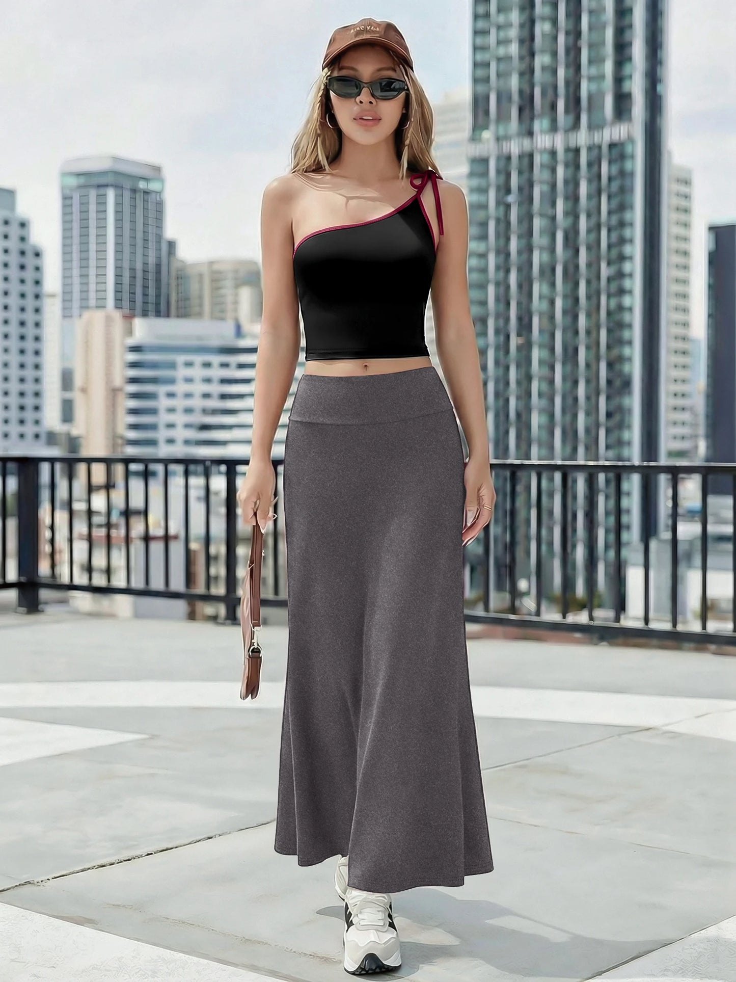 Summer Sexy One Shoulder Crop Top Maxi Skirt Set Women High Waist Slim Fit 2 Piece Outfit For Date Night
