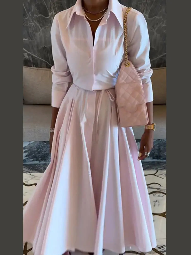 Women's Casual Pleated Skirts Set Two-piece Fashion Lapel Full Sleeve Button Top & Maxi Dress Lady 2025 Spring Street Outfits