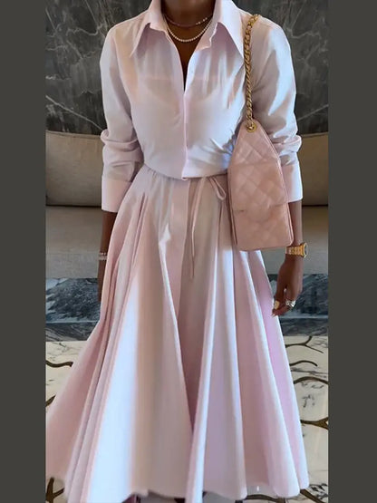 Women's Casual Pleated Skirts Set Two-piece Fashion Lapel Full Sleeve Button Top & Maxi Dress Lady 2025 Spring Street Outfits