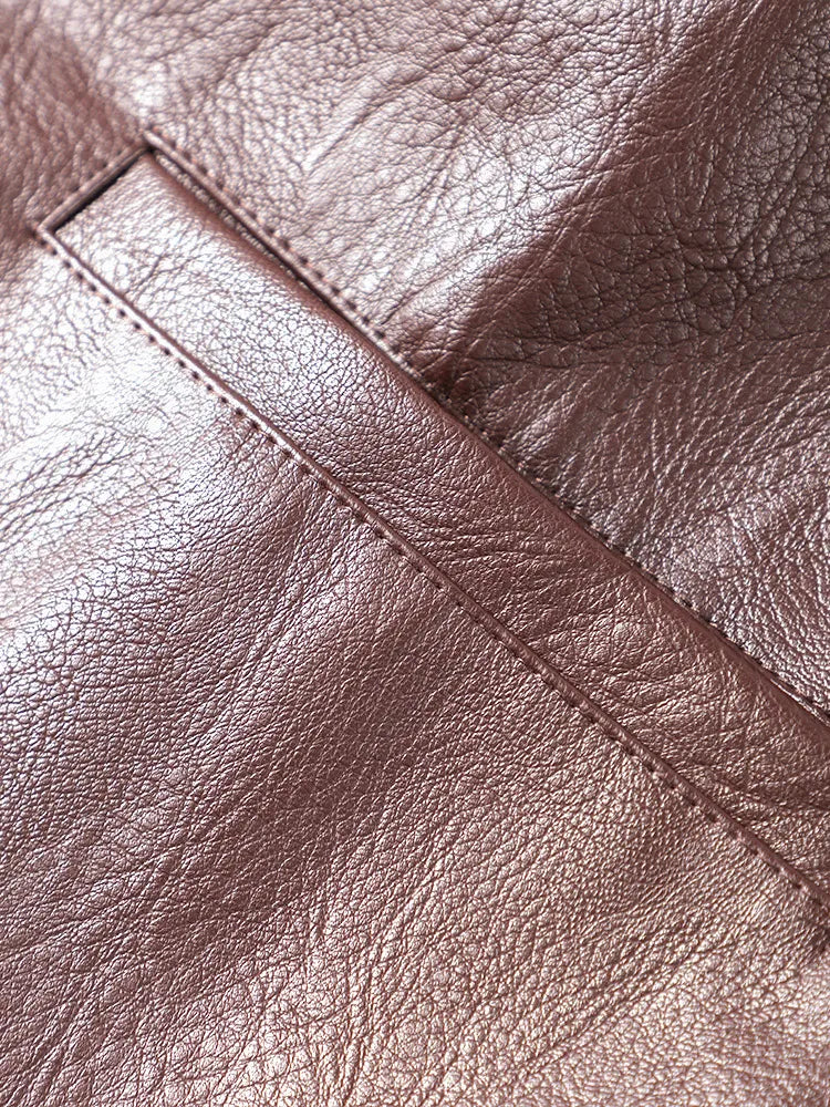 Brown Vintage Leather Jacket Lapel Breasted Pocket Women Commute Temperament Casual Suit PU Leather Coat Spring Autumn Blouse